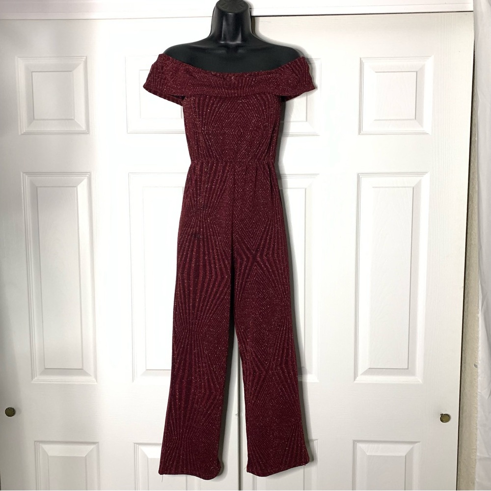 Big Kid Trixxi Girl Off-Shoulder Burgundy Jumpsuit